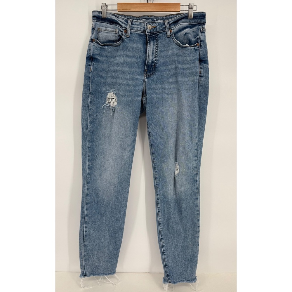 Old Navy OG Straight High Rise Distressed Jeans Medium Wash 12 Lng Extra Stretch